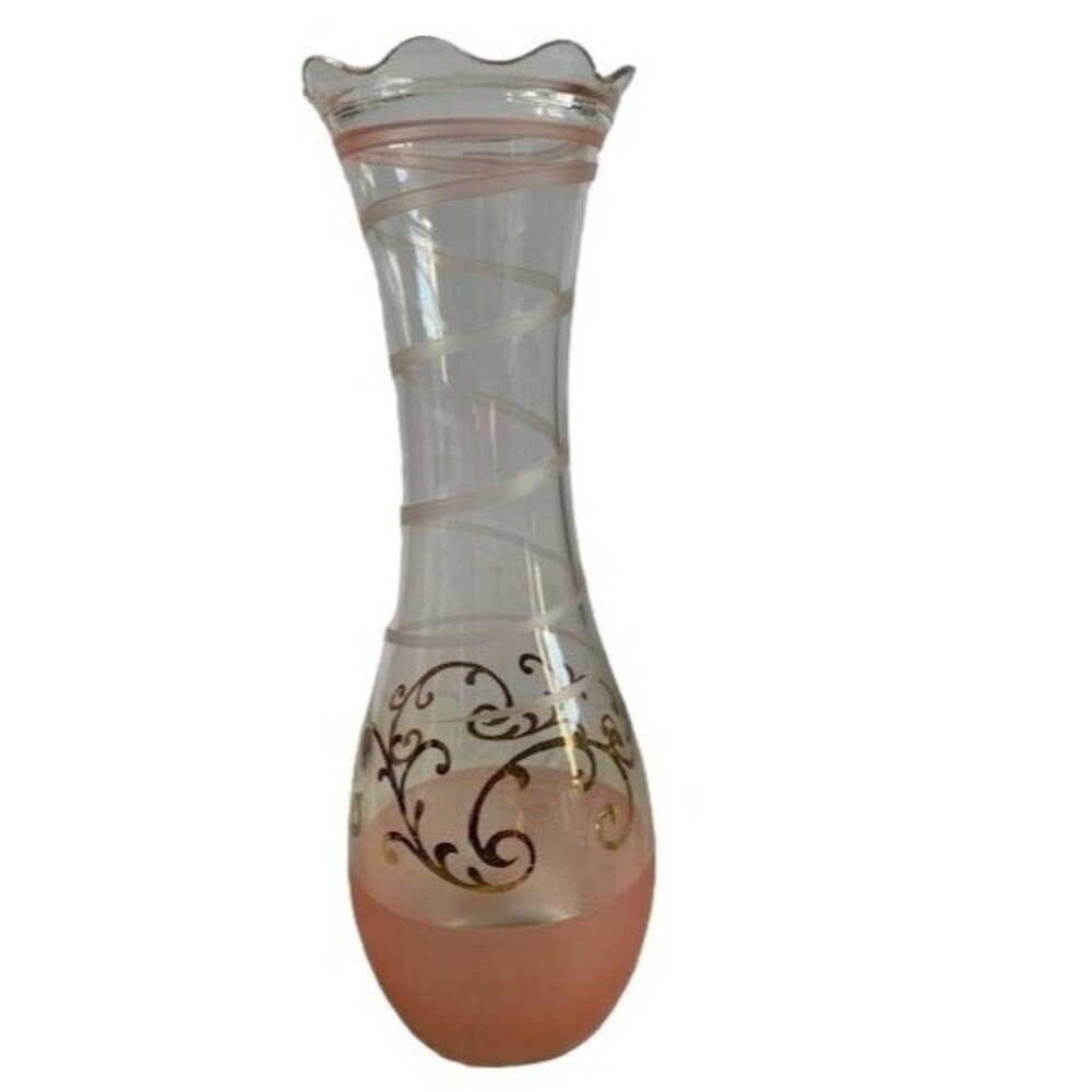 Vintage Glass Vase with Frosted Pink and Gold Accents 9"